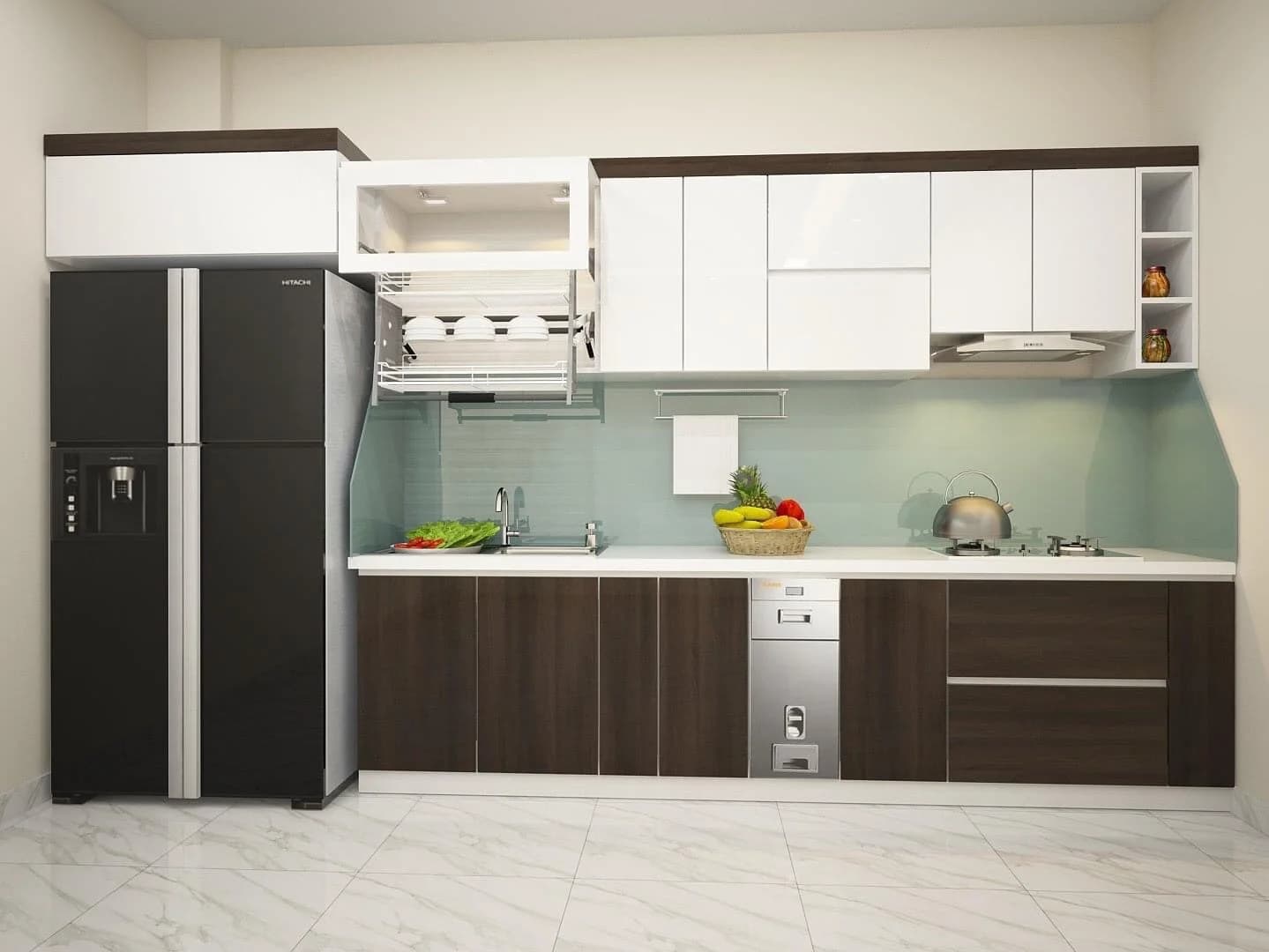 Mẫu tủ bếp vật liệu chống ẩm chống nước phối cánh hiện đại