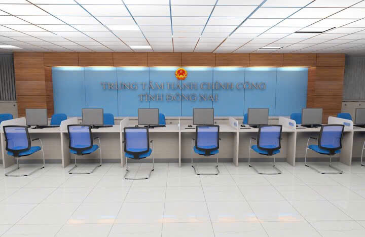Dãy bàn làm việc và xử lý hồ sơ tại Trung tâm Hành chính công Đồng Nai